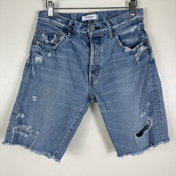 Moussy‎ Cut Off Shorts Size 27 Blue Denim High Rise Button Fly Inseam 9” Japan - Picture 1 of 13